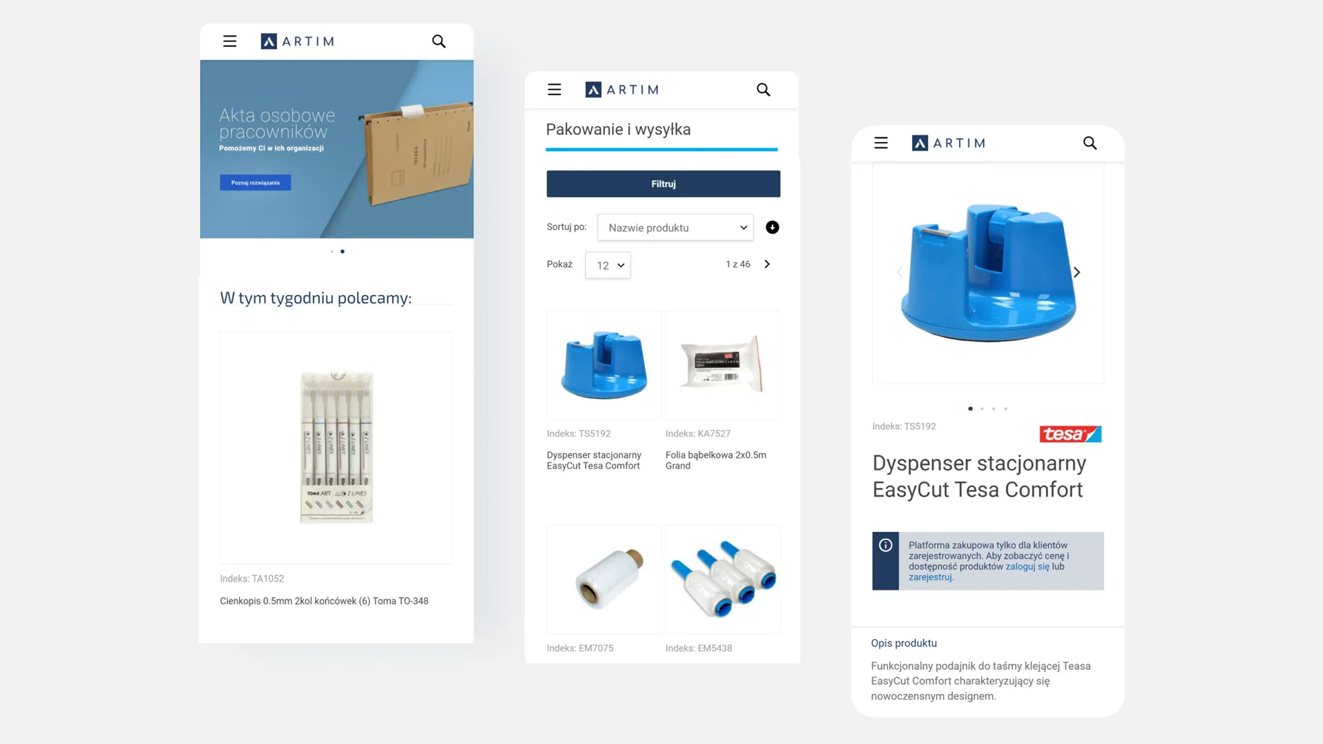 mobile category and product pages on Artim website