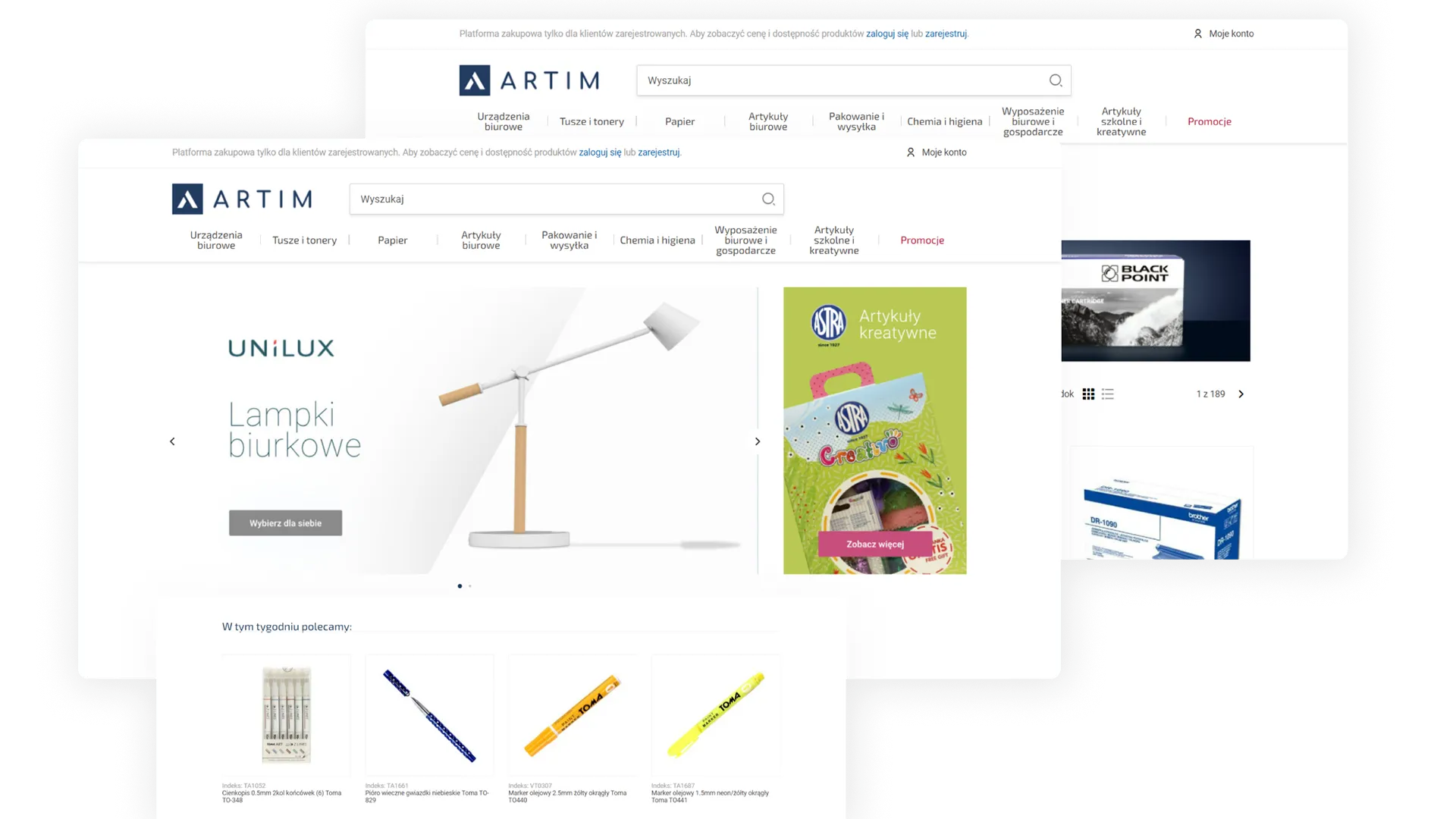 strona główna oraz produktowa portalu Artim