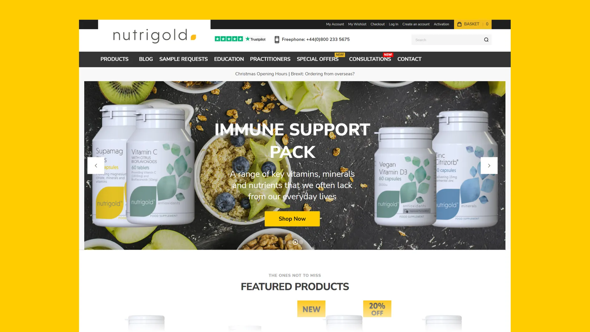desktop main page of Nutrigold store